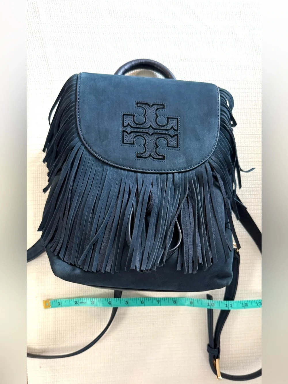 Tory Burch Harper Fringe Suede Backpack in Navy Blue